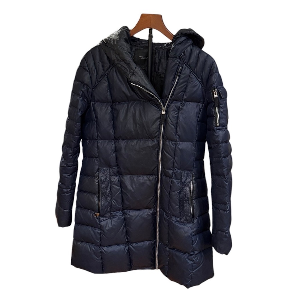 Marc New York Andrew Marc Navy Blue Down Puffer Coat Hooded Asymmetric Zip Large